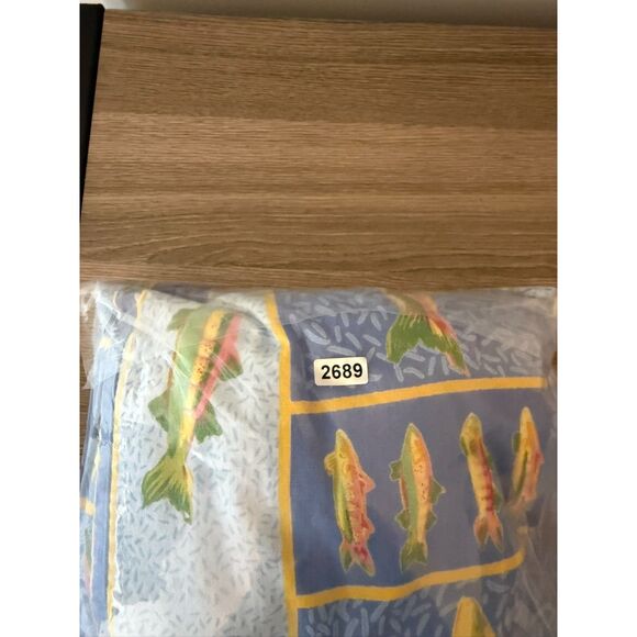 Vtg April Cornell Pike River Fish Print Blue Tablecloth 67X70 Cottagecore - Picture 9 of 9
